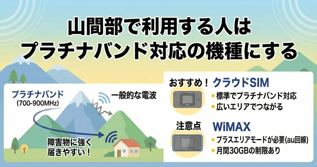 山間部で利用する人はプラチナバンド対応の機種にする