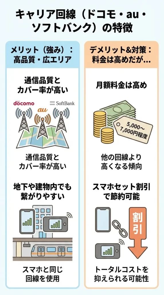 キャリア回線（ドコモ・au・ソフトバンク）の特徴