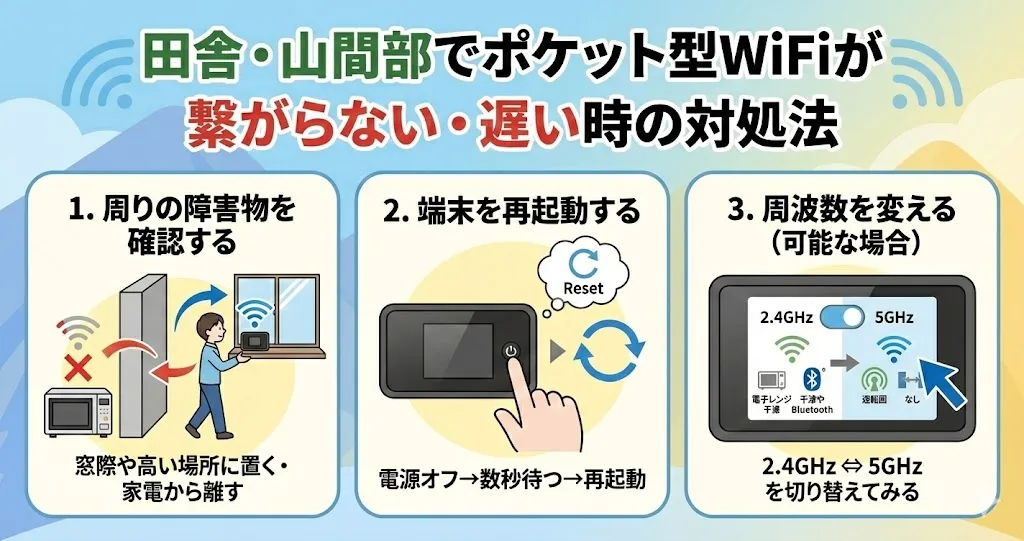 田舎・山間部でポケット型WiFiが繋がらない・遅い時の対処法